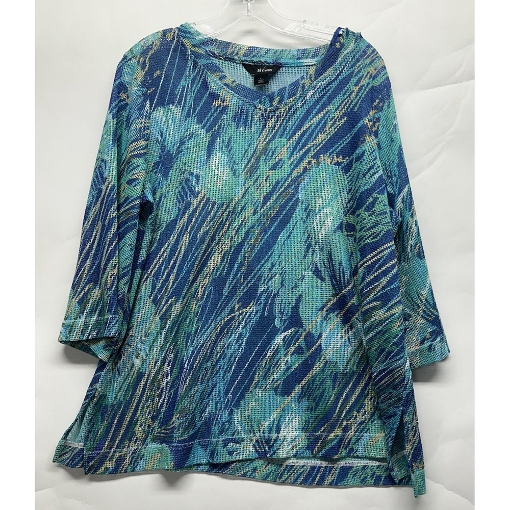 Ali Miles Womens Size L Teal Blue 3/4 Sleeve Mesh V-Neck Top (J7)